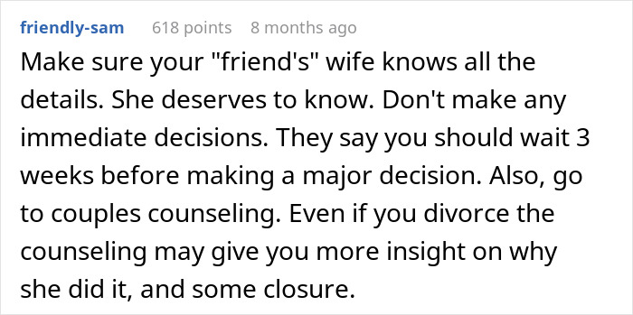Comment advising to inform wife and consider couples counseling amid a man debating divorce over validation seeking issues. - 56