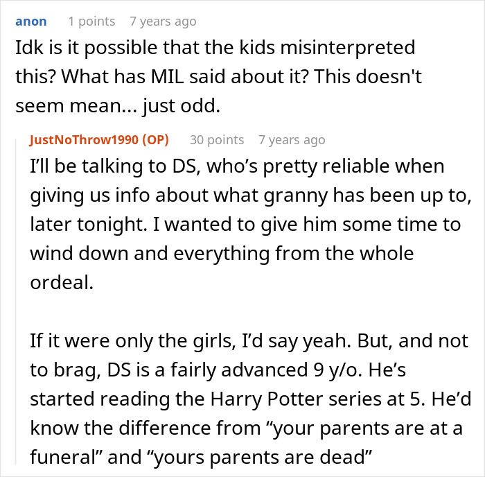 Discussion about MIL telling kids their parents passed away, focusing on misunderstandings and verifying reliable information.