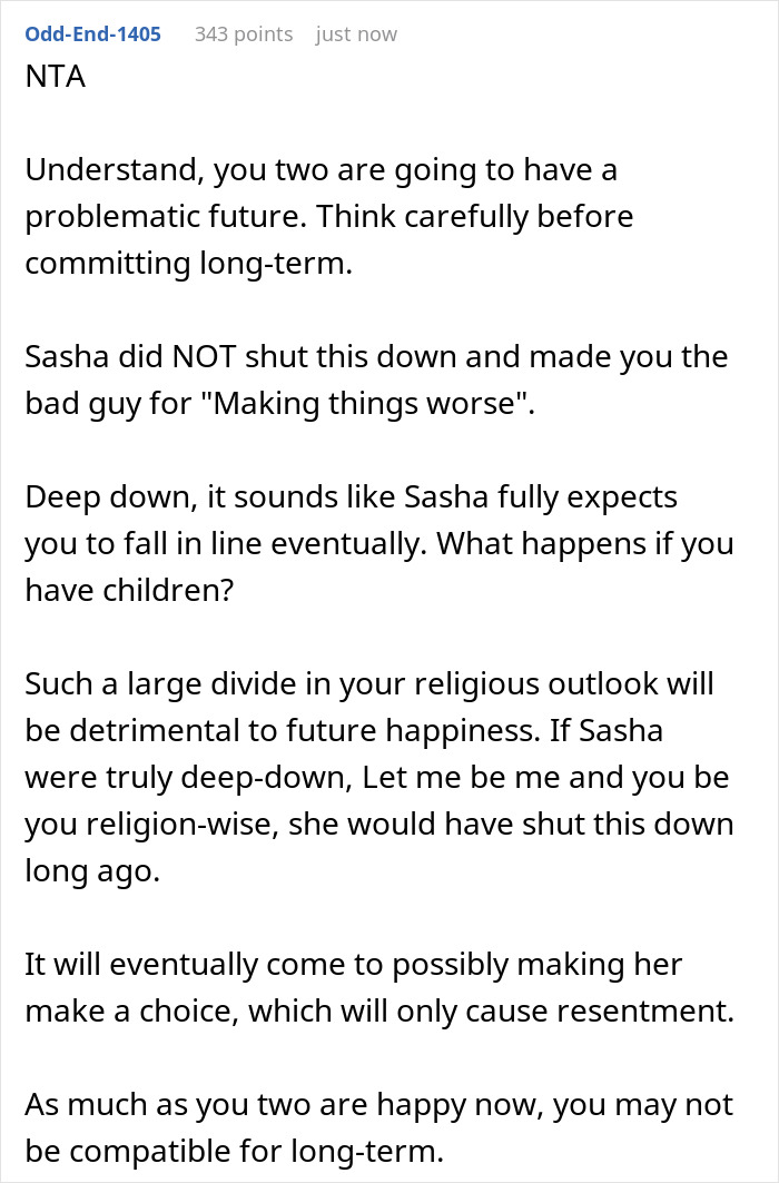 Screenshot of a Reddit comment discussing religious differences and future challenges in a relationship with an unreligious boyfriend.