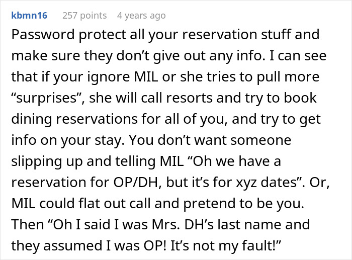 Comment advice about protecting reservation details to avoid husband parents coming honeymoon surprise or unplanned interference.