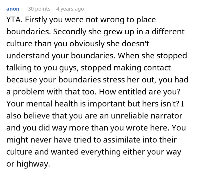 Screenshot of a Reddit comment discussing family boundaries and cultural differences contributing to ruining family relationship lying MIL issues.