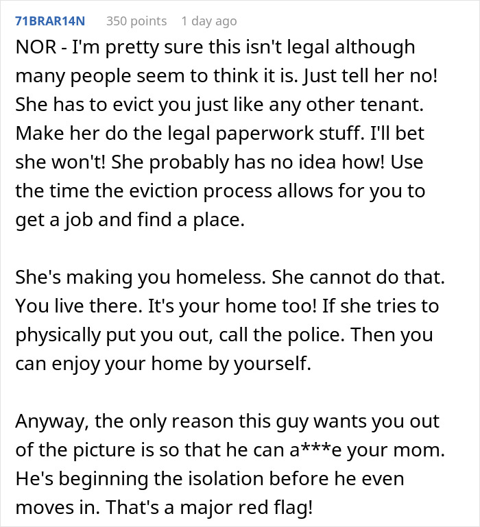 Comment discussing the legal eviction process and concerns about a mom throwing her child out for a random guy.