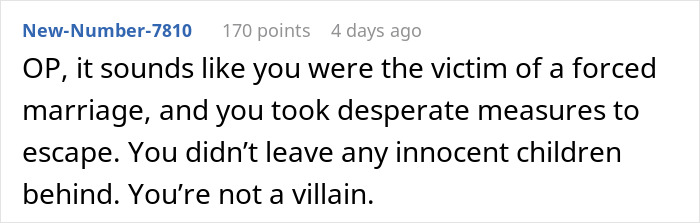 Screenshot of a Reddit comment discussing a victim of forced marriage who took desperate measures to escape.