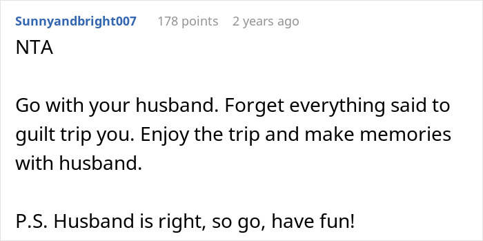Screenshot of a user comment defending a husband amid a woman demanding a friend to kick him out of a romantic getaway.
