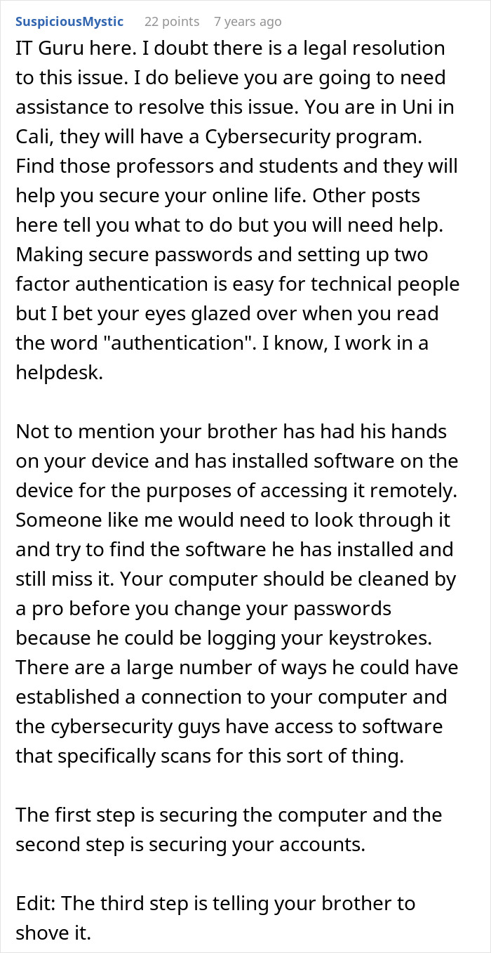 Screenshot of an online comment discussing brother's stalker tendencies impacting college, job, and mental health.