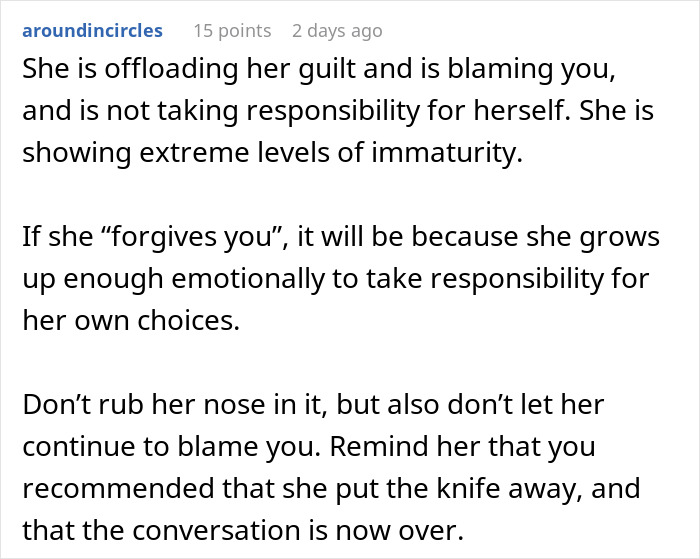 Comment discussing a wife not taking responsibility and a husband advising to put away a dangerous gift from her mom.