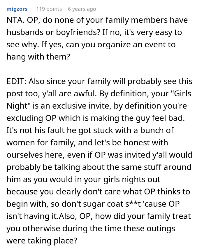 Comment discussing a guy furious after family excludes him from girls days, highlighting feelings of immaturity and growth needed.