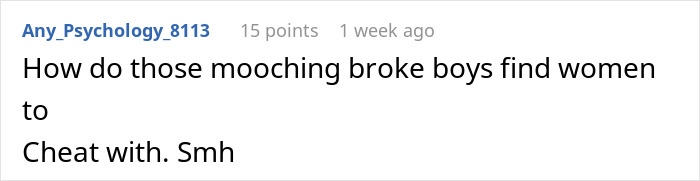 Comment text on a social media post expressing frustration about relationships involving women and broke men cheating. Comment text on a social media post expressing frustration about relationships involving women and broke men cheating.