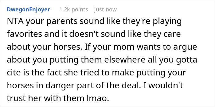 Comment discussing unfair treatment by parents, highlighting favoritism and concerns over trust with family and money issues. Comment discussing unfair treatment by parents, highlighting favoritism and concerns over trust with family and money issues.
