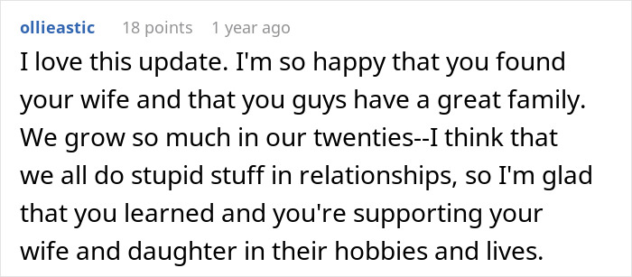 Screenshot of a Reddit comment reflecting on growth and lessons learned from a past relationship with princess syndrome.