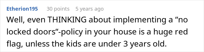 Comment discussing risks of implementing a no locked doors policy in a house, mentioning children under 3 years old.