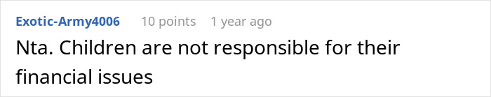 Screenshot of an online comment where a user says children are not responsible for their financial issues, showing stepsister&rsquo;s support.