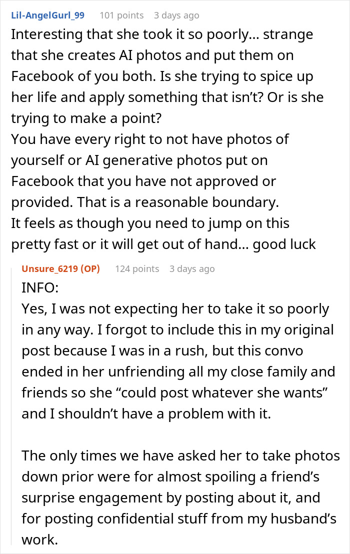 Reddit comments discussing a woman uncomfortable with AI-generated images and boundaries on posting photos online.