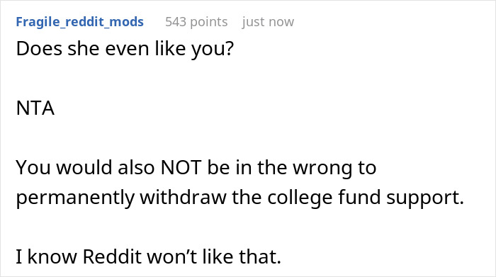 Text post discussing stepson college family money concerns and withdrawing college fund support on Reddit.
