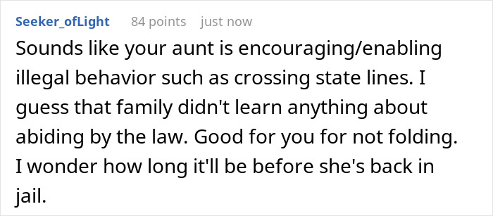 Comment discussing aunt encouraging illegal behavior related to family and parole issues crossing state lines. Comment discussing aunt encouraging illegal behavior related to family and parole issues crossing state lines.