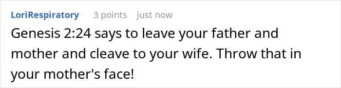 Comment about adult son refusing religious mom&rsquo;s move-in, referencing biblical guilt trips and sermons.