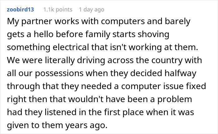 Screenshot of a forum comment about a woman protecting her new career from friends asking for free advice.