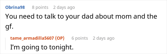 Online discussion about mom blaming daughter for picking dad in the divorce and refusing involvement in her life.