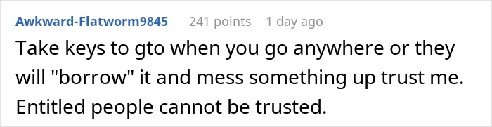 Comment text about boyfriend&rsquo;s car and issues when girlfriend&rsquo;s parents visit, showing problems with suite bedroom and car use.
