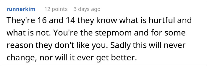 Screenshot of a forum comment discussing the stepdaughters&rsquo; gift pushing a woman to her limits and family struggles.