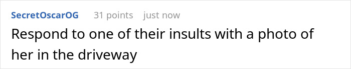 Text showing a comment about responding to insults with a photo taken in a driveway; aunt, camera, family, parole. Text showing a comment about responding to insults with a photo taken in a driveway; aunt, camera, family, parole.
