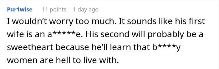 Screenshot of a comment discussing relationship drama involving a bride excluding sister-in-law from wedding photos.