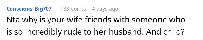 Screenshot of an online comment where a user questions why someone's wife is friends with a rude person, mentioning a child.