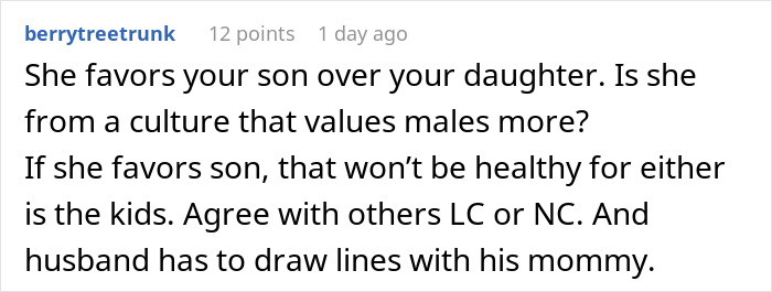 Reddit comment about MIL favoring grandson; mom takes her baby and storms off