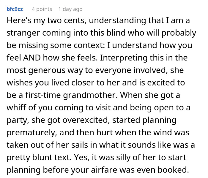 Commenter explaining MIL's tantrum over rejected inappropriate baby shower idea and feelings about not being needed.