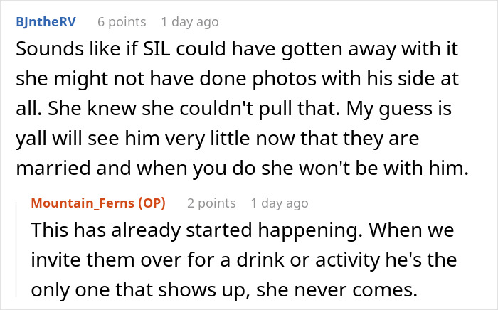 Comments discussing drama after bride deliberately excludes sister-in-law from wedding photos and family events.