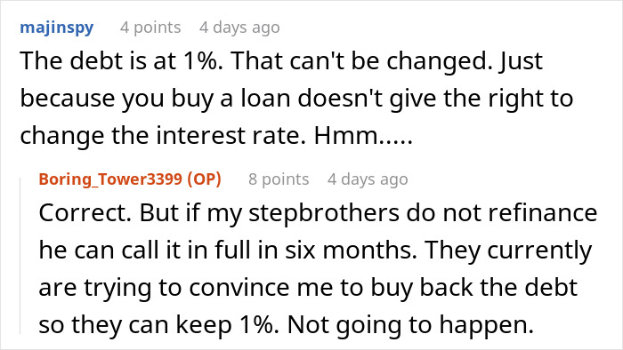 Screenshot of a forum discussion about emptying father&rsquo;s estate will and debt refinancing challenges.