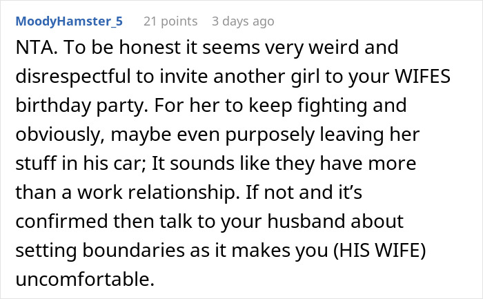 Comment discussing a guy&rsquo;s complex relationship with a female colleague crossing work-wife boundaries and the real wife&rsquo;s reaction.