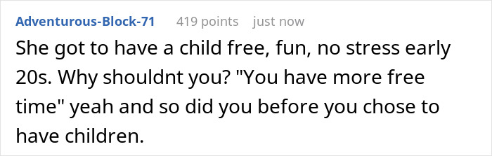 Screenshot of a forum comment discussing a child-loathing lady who fled her home to avoid being a free nanny.