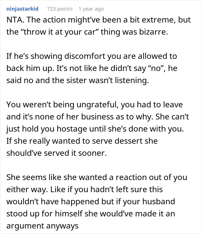 Reddit comment discussing SIL holding couple hostage at dinner and threatening to throw food at their car if they leave.