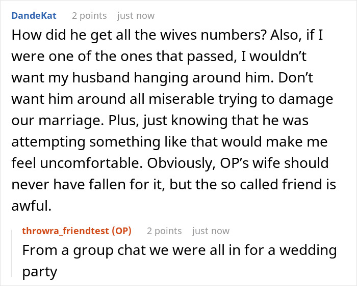 Screenshot of a Reddit conversation discussing a friend catfishing a married woman and its impact on a 10-year marriage.