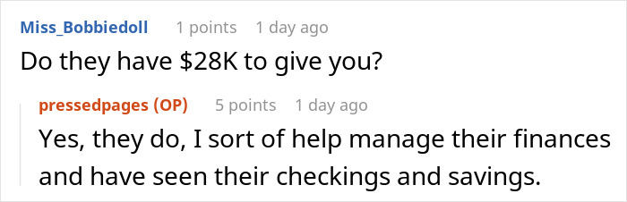 Reddit comments showing question about $28K and parents house payment, OP says they manage parents' finances.