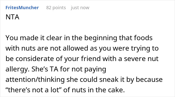 Comment explaining a guest ignored host&rsquo;s food allergy restrictions at a party and was disinvited for not respecting nut allergy rules.