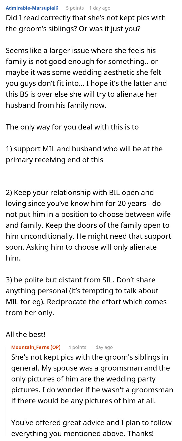 Text discussion about bride excluding sister-in-law from wedding photos causing family drama and advice on handling it.