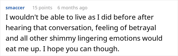 Man upset after snooping on wife's conversation with sister, devastated by discovery of her infidelity.