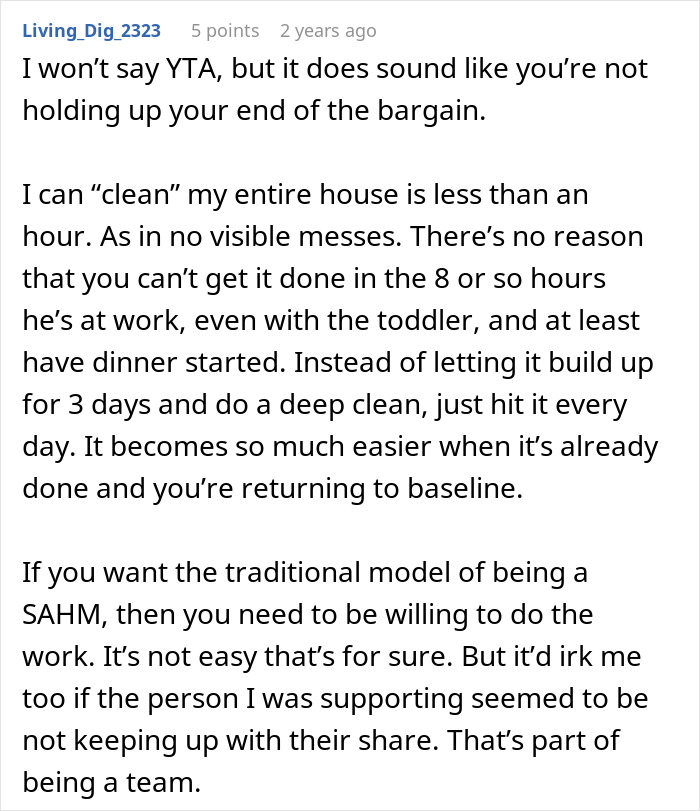 Commenter discussing challenges and expectations related to not doing enough as a stay-at-home mom (SAHM).