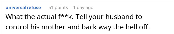 Reddit comment criticizing MIL, referencing mom takes her baby storming off and urging husband to control his mother