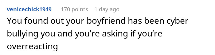 Screenshot of an online comment about a woman discovering her boyfriend is an internet troll who bullied her.