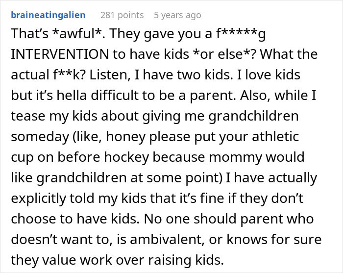 Comment discussing parents trying to guilt-trip couple into having kids and threaten disinheritance over the decision.
