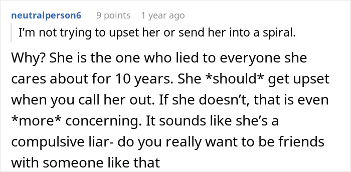 Comment discussing a woman who lied about her career for 10 years, described as a compulsive liar.