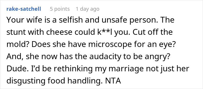 Reddit comment discussing a wife furious after husband embarrasses her in front of her parents.