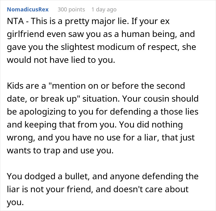 Screenshot of Reddit comment discussing if a man was wrong for dumping his girlfriend because she has kids. Screenshot of Reddit comment discussing if a man was wrong for dumping his girlfriend because she has kids.