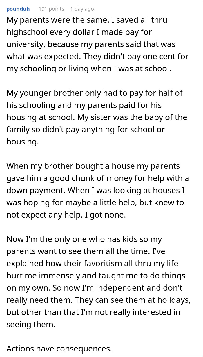 Reddit comment about parental favoritism and unequal support, mentioning parents house payment and down payment help