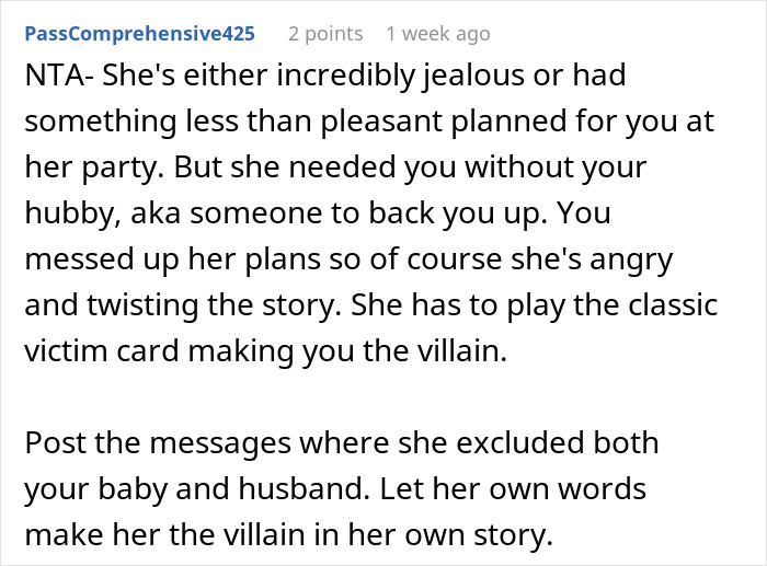 Screenshot of a forum comment discussing a woman banning best friend&rsquo;s baby and husband from engagement party.