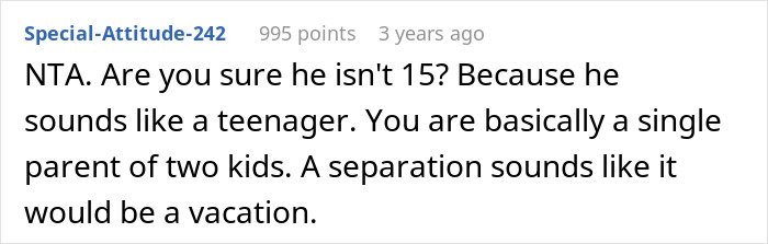 Comment text discussing a working wife dropping the supermom act after dealing with a man-child husband’s constant criticism. - 15