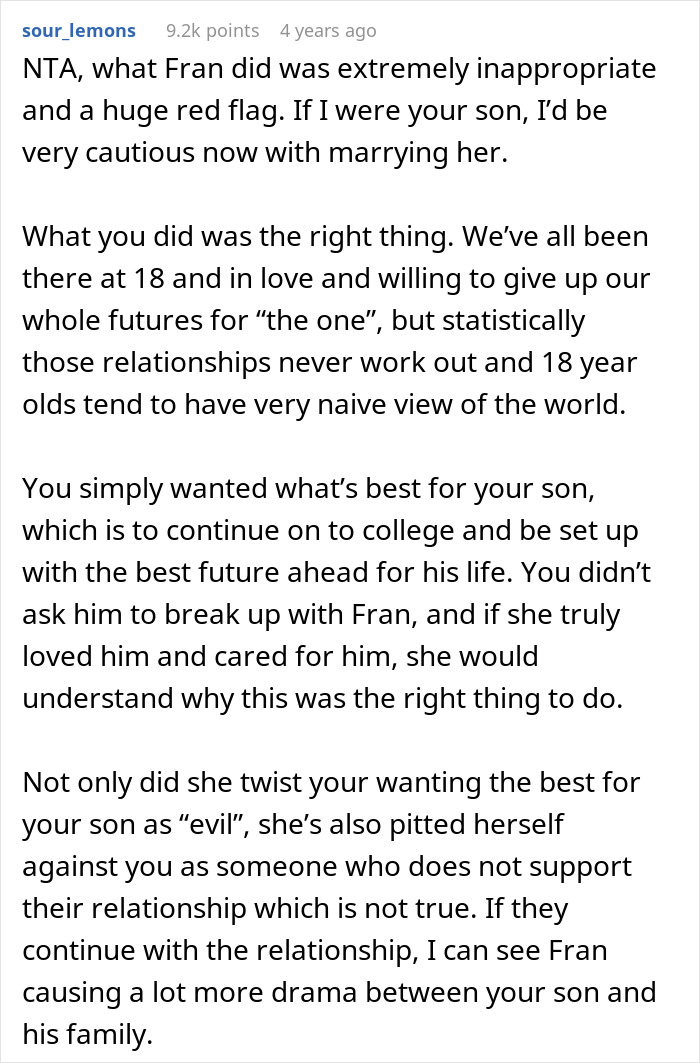 Text post discussing a mom urging son not to marry girlfriend after high school, causing a grudge from the fiancée. Text post discussing a mom urging son not to marry girlfriend after high school, causing a grudge from the fiancée.